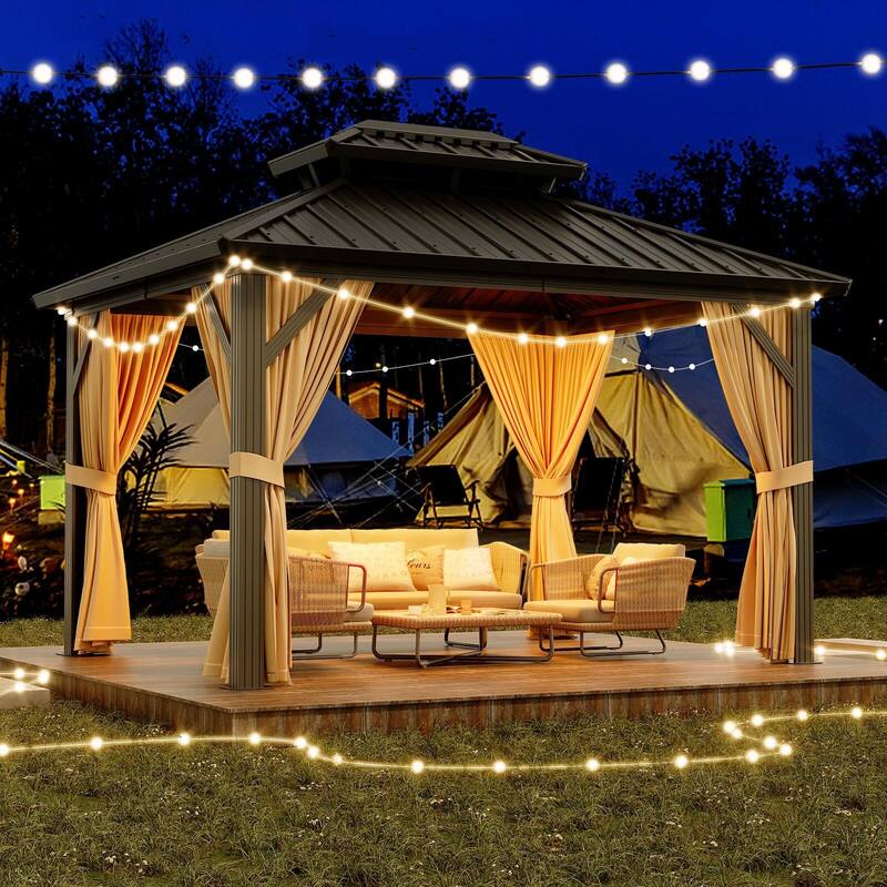 Outdoor Galvanised Steel Hardtop Gazebo, with Netting and Sunshade Curtains - Beige - 10*12ft