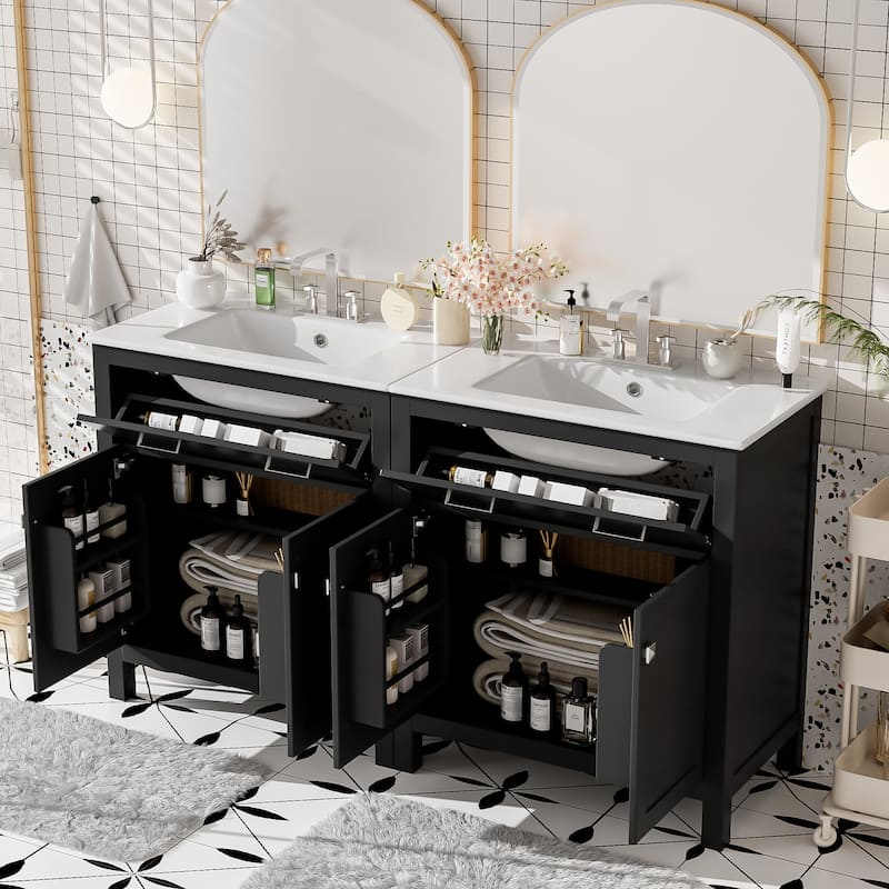 GDFStudio - Bambi Wood & Ceramic Double Bathroom Vanity Set with Sinks, Soft-Close Doors & Flip Drawer