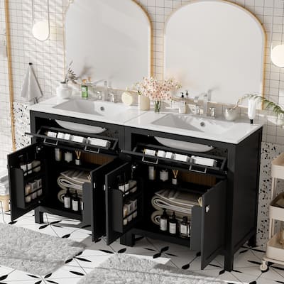 GDFStudio - Bambi Wood & Ceramic Double Bathroom Vanity Set with Sinks, Soft-Close Doors & Flip Drawer