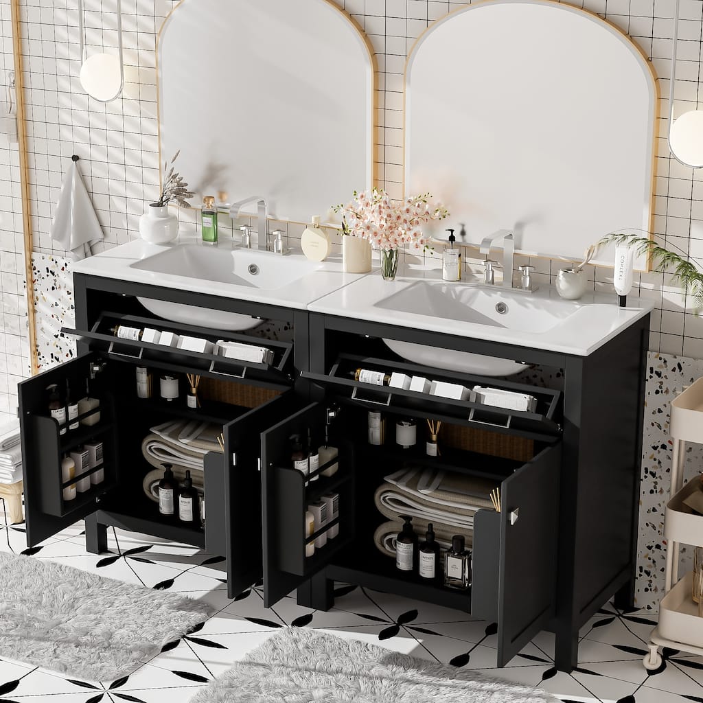 GDFStudio - Bambi Wood & Ceramic Double Bathroom Vanity Set with Sinks, Soft-Close Doors & Flip Drawer