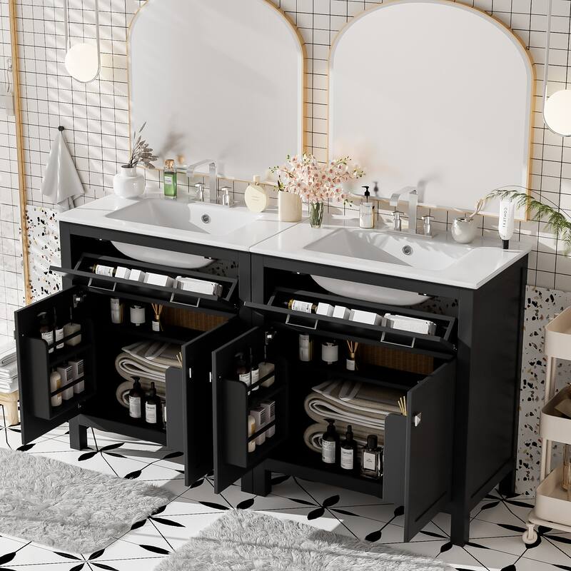 Set of 2 Vanity for Bathroom with Double Ceramic Sinks, 60" Modern Storage Cabinet with Flip-down Drawers and Door Organizers
