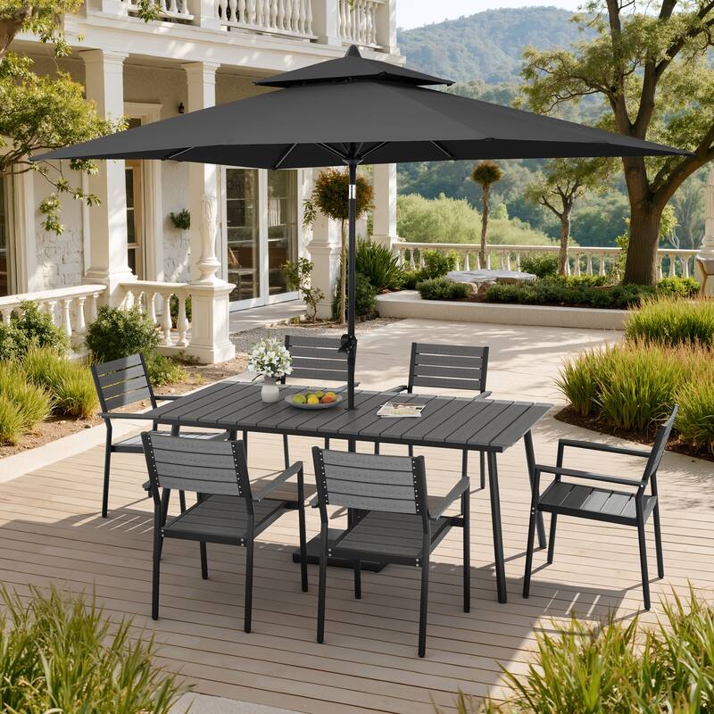 9PC Outdoor Patio Dining Set Aluminum Table with Stackable Armchairs w/ Market Umbrella Set - GreyTable&GreyChairs&BlackUmbrella