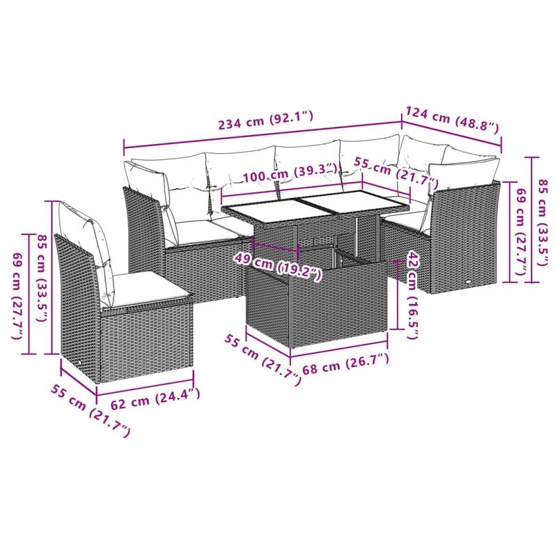 vidaXL Patio Sofa Set with Cushions Modular Outdoor Seating 7 Piece Poly Rattan - 24.41 x 24.41 x 27.17