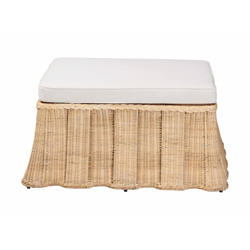 Rotem Natural Rattan Ottoman with Cushion - Handwoven Wicker Pleated Skirt Accent Coffee Table or Extra Seating for Living Room