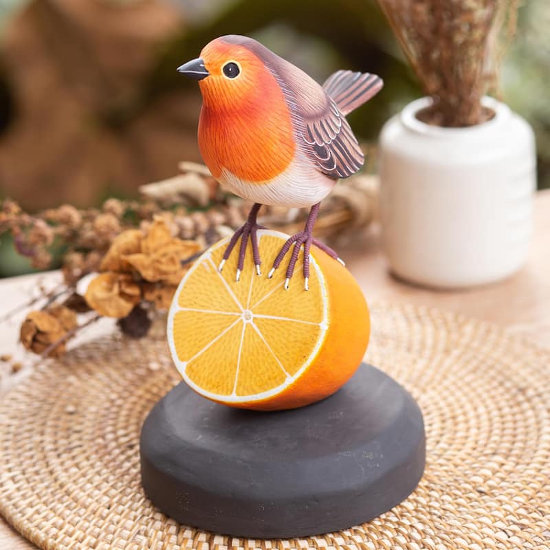 Novica Handmade Robin With Orange Wood Statuette