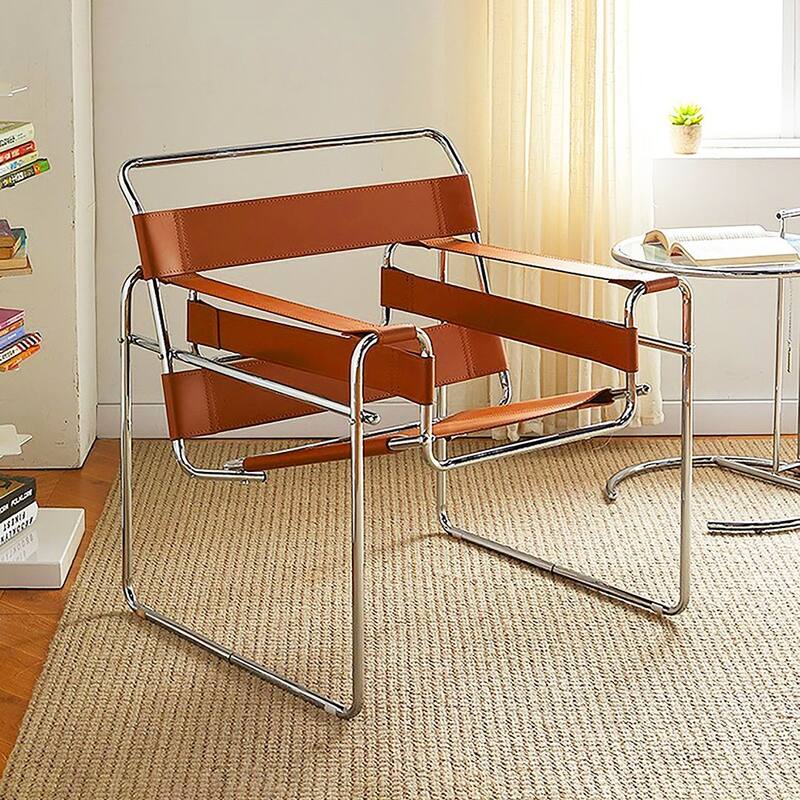 Mid-Century Modern Saddle Leather Accent Chair with Steel Legs - Amber