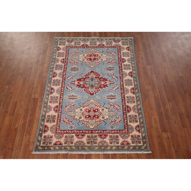 Light Blue Kazak Oriental Foyer Rug Handmade Wool Carpet - 4'1" x 5'11"