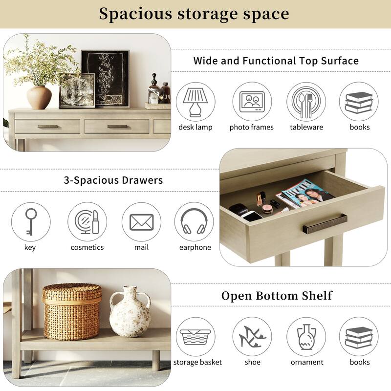 Roomfitters 59.1" Farmhouse Entryway Table with 3 Drawers, Slim Console Sofa Table with Open Shelf for Hallway