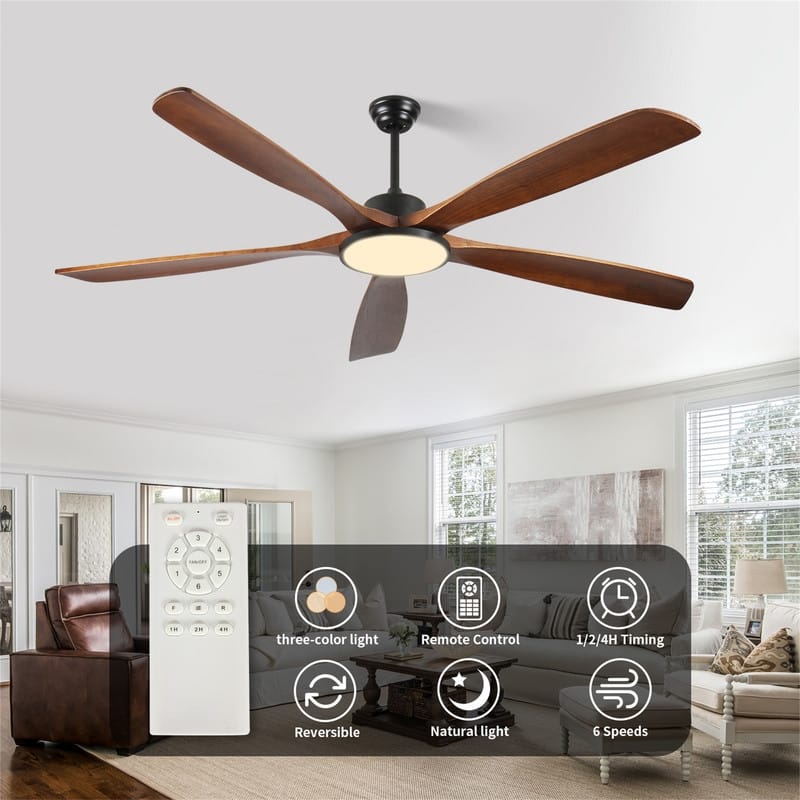 72" Large Ceiling Fan with Remote Control and Light with Three-Color Dimming