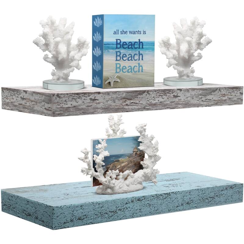 Sorbus Set of 2 Wall Mounted Nightstand Floating Shelves, Nautical/Coastal Styles with Distressed Finish - Blue White