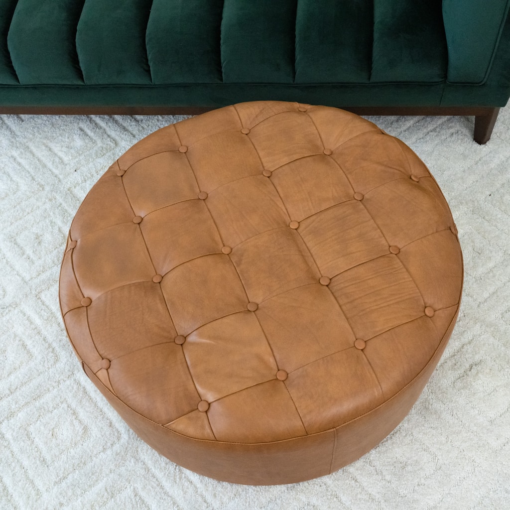 Salvador Mid Century Round Genuine Leather Ottoman in Tan