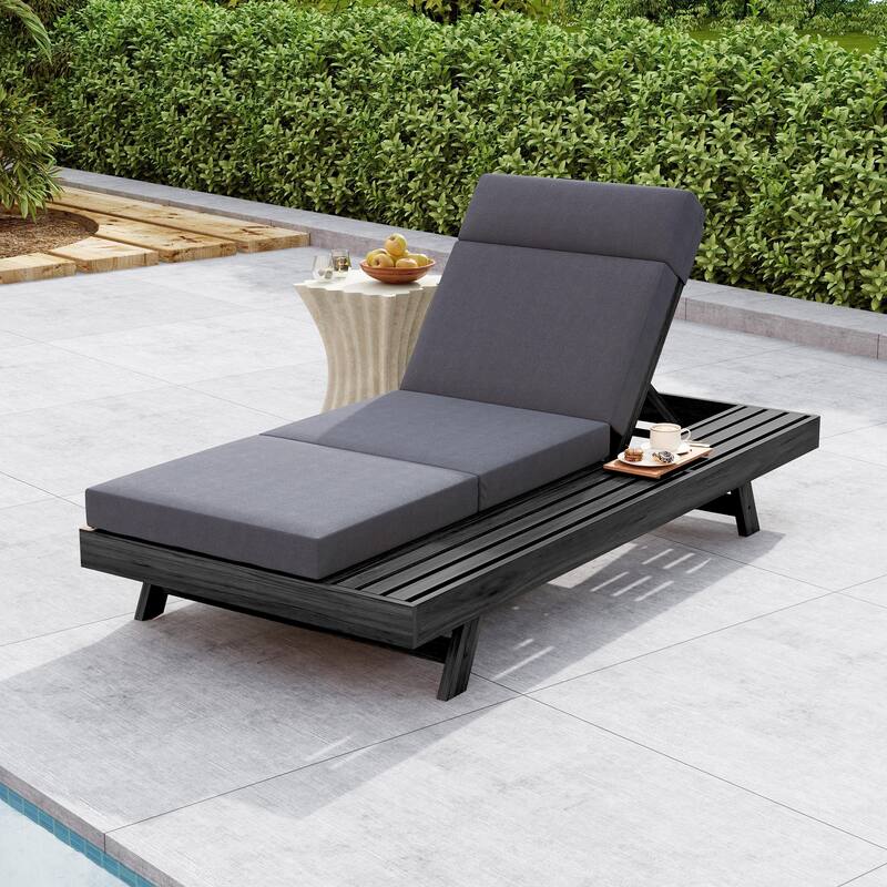 Outdoor Patio Acacia Wood Chaise Lounge Chair with Adjustable Backrest, Side Open Storage and Water-Repellent Cushions - 4" Triple Fold Dark Grey - 1pc Black