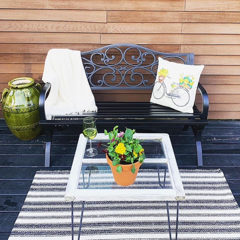 MAISON ARTS Garden Bench Cast Iron Steel Frame 50 Inch Flower Pattern Bench
