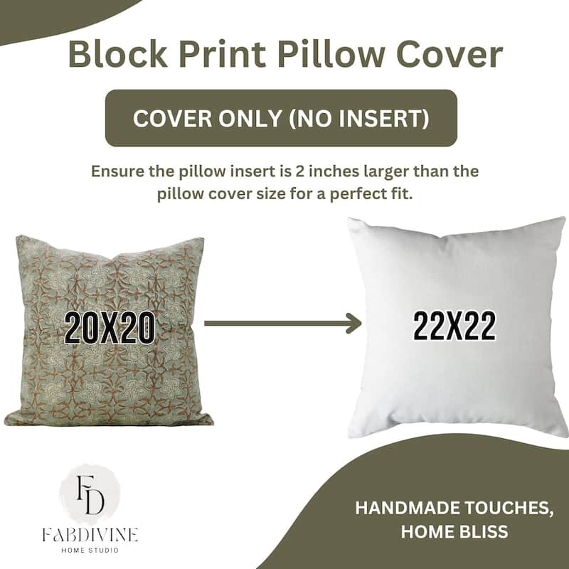 Fabdivine Block Print Thick Linen Floral Handmade Farmhouse Pillow Cover, Chudamani