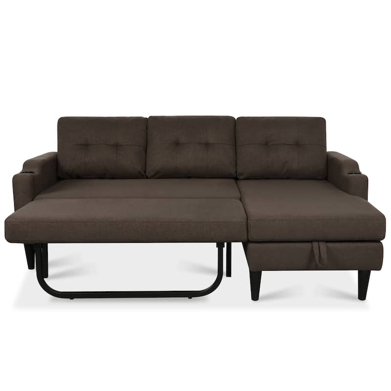 Pull Out Couch, L Shaped Convertible Sleeper Sofa Bed with Hidden Storage, 3-in-1 Upholstered Sectional Sofa with Cup Holder
