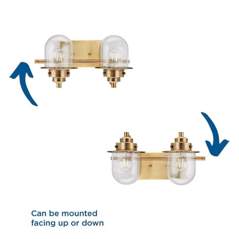 Northlake Collection Two-Light Vintage Brass Clear Glass Transitional Bath Light - 15.5 in x 7.5 in x 8 in