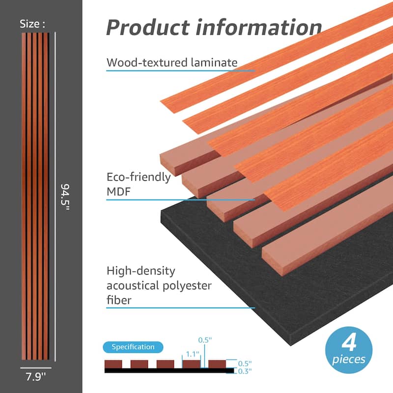 Art3d 7.9 x 94.5in Acoustic Wall Panels,Wood Slat Wall Panel for Wall and Ceiling,4pcs