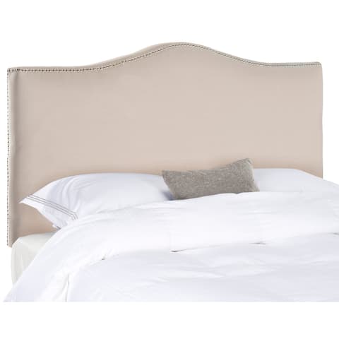 SAFAVIEH Jeneve Taupe Linen Upholstered Camelback Headboard - Silver Nailhead (Full)