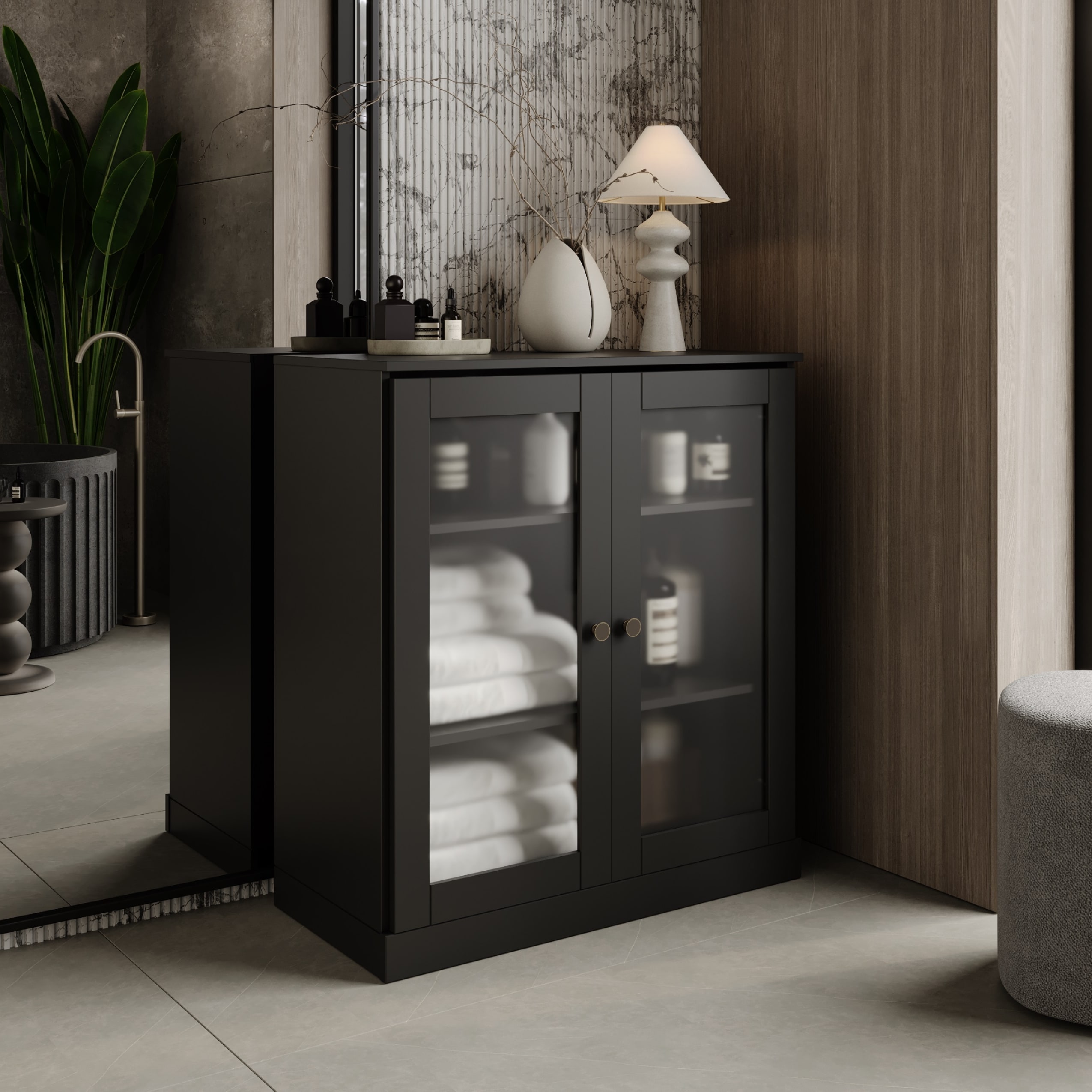 Palace Imports 100% Solid Wood 32" Bathroom Cabinet with Frosted Glass Doors and Adjustable Shelves