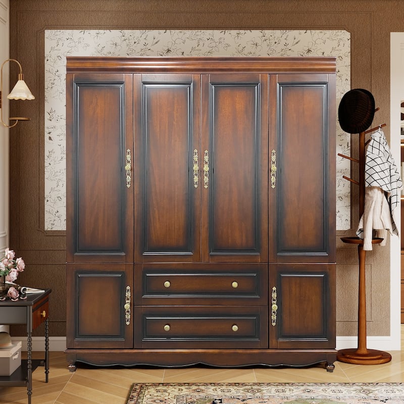 100% Solid Wood Armoire Wardrobe Closet with 4 Door, 70.87"H Bedroom Armoire with Drawer and Hanging Rod