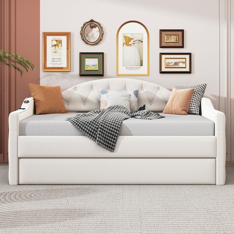Twin Tufted Velvet Daybed with Trundle USB and Type C Ports