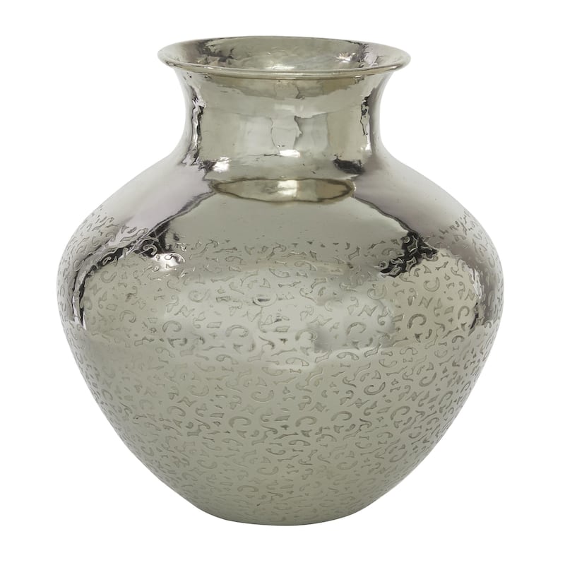 Aluminum Metal Round Engraved Decorative Vase - Silver - Roche River Decor - Silver - 12"W, 13"H