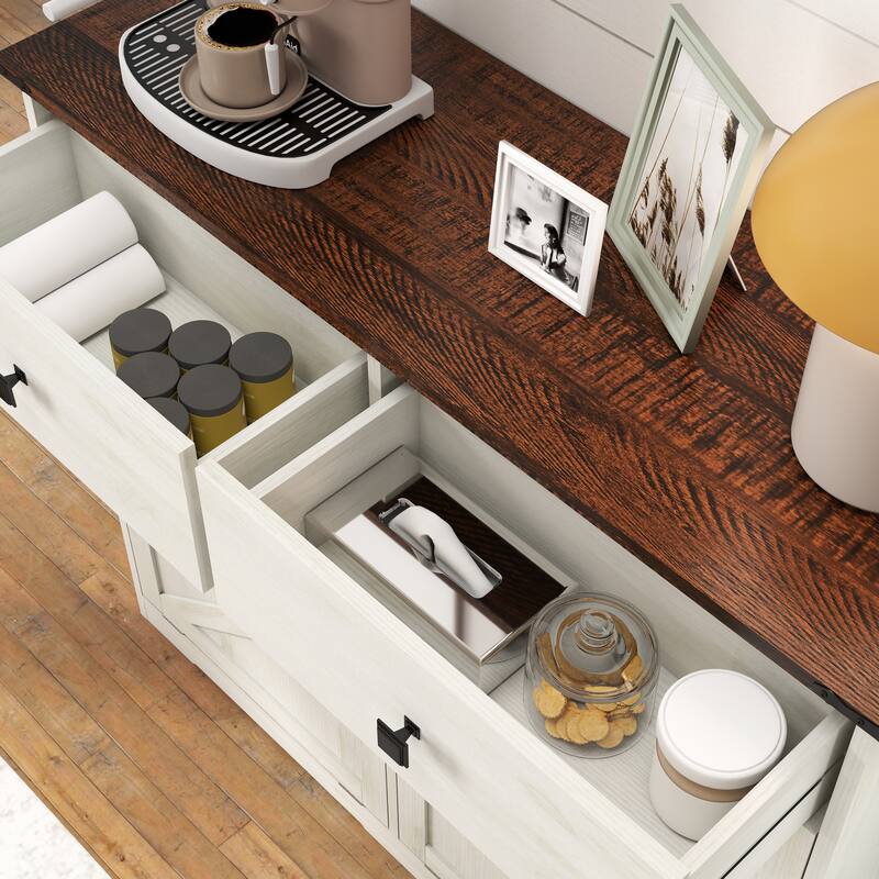 Homy Casa Farmhouse Double Tilt-Out Trash Cabinet, 20/10 G Recycling Bin, Barn Door Laundry Sorter with Drawer, Kitchen Tilt Out