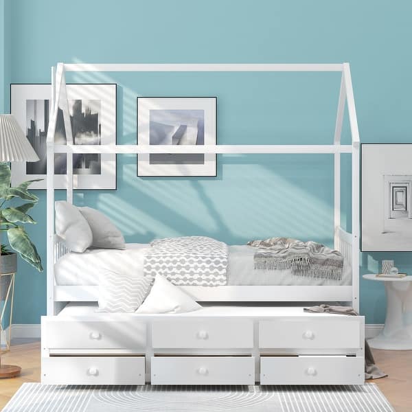 slide 2 of 9, Twin Wooden House Bed with Trundle and Storage Drawers White