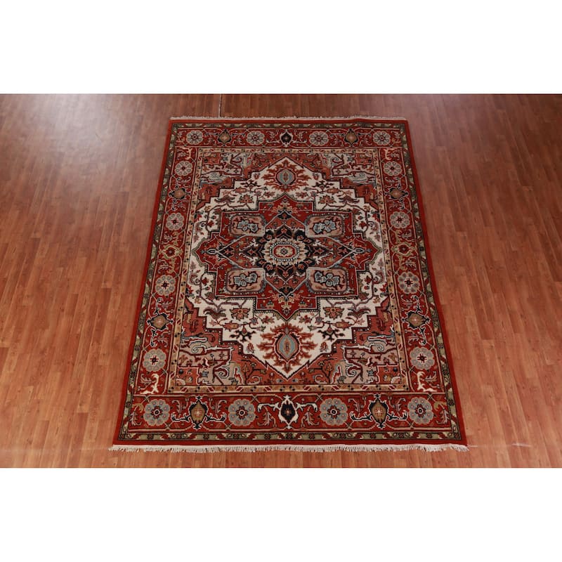 Hand Knotted Oriental 100% Wool Carpet Traditional Medallion Beige & Ivories Heriz (serapi) Area Rug - 10' 3'' X 7' 8''