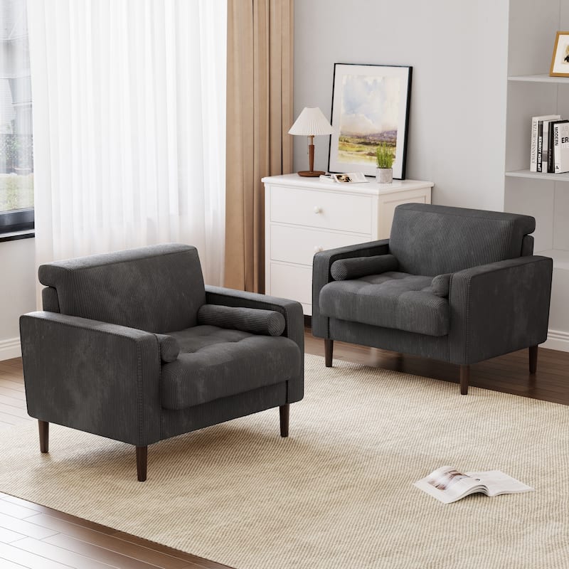 Modern Upholstered Accent Chairs, Corduroy Wide Armchairs For Living Room - Set of 2 - Grey/Set