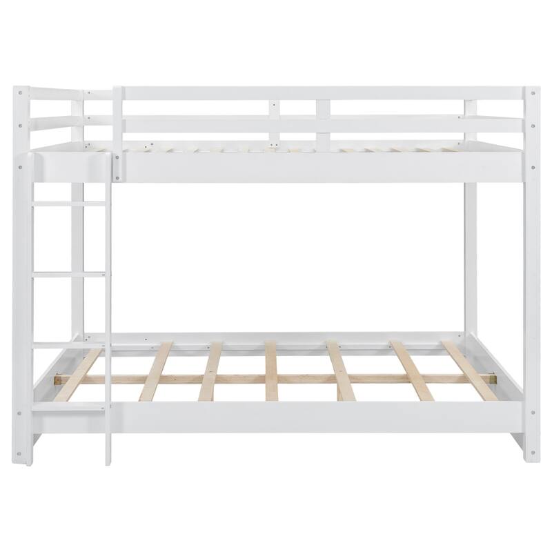 Queen Size White Wood Bunk Bed with Ladder, Space-Saving Design