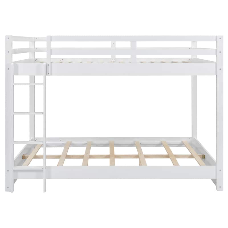 Wood Queen Size Bunk Bed with Ladder and Guardrails, No Box Spring Required