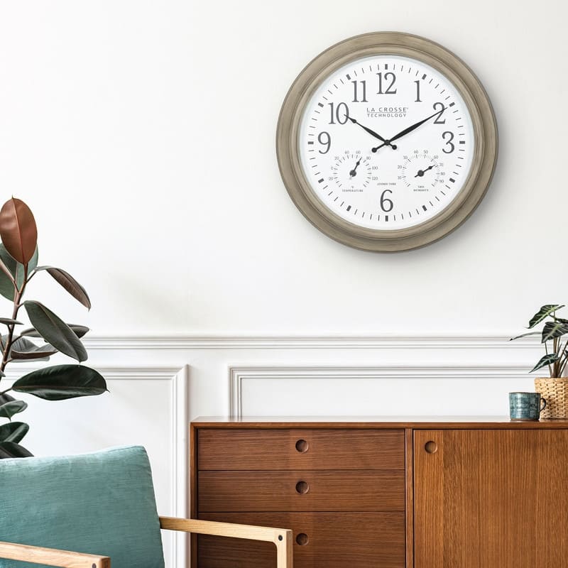 La Crosse 18 Inch Outdoor Tan Atomic Analog Temp Wall Clock, 404-18027