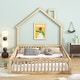 preview thumbnail 6 of 17, House-shaped Design Bed Full Size House Bed Rustic Country Floor Bed Wood Frame with Chimney, Fence Guardrail and Door