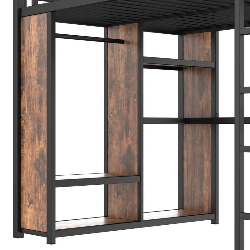 Queen Size Metal Loft Bed with Wardrobe, Desk, and Storage Shelves