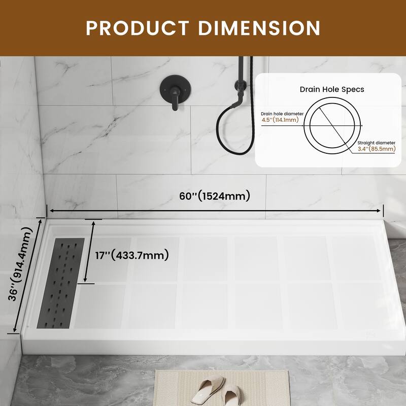 60 in. x 36 in. Elegant White Single Threshold Anti-slip SMC Rectangular Shower Base with Drain and Stainless Steel Drain Cover