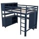 preview thumbnail 5 of 9, Full Size Dark Blue Loft Bed with Wardrobe, L-Shaped Desk, Cabinet, Bookshelf, and Safety Rails
