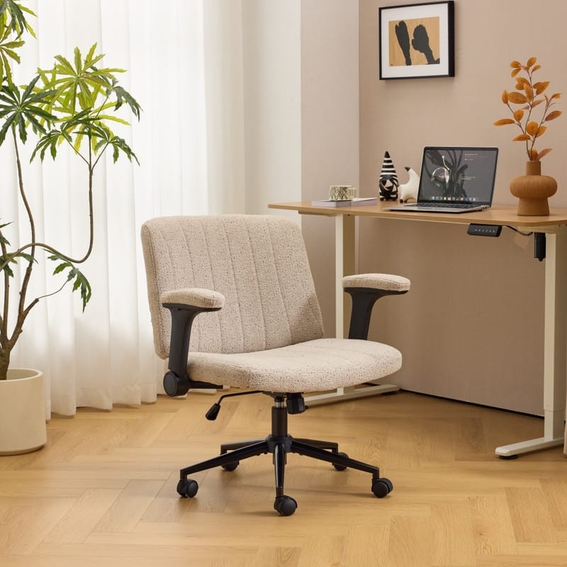 Speckled Chenille Swivel Chair With Flip-Up Arms For Cross-Legged - Khaki