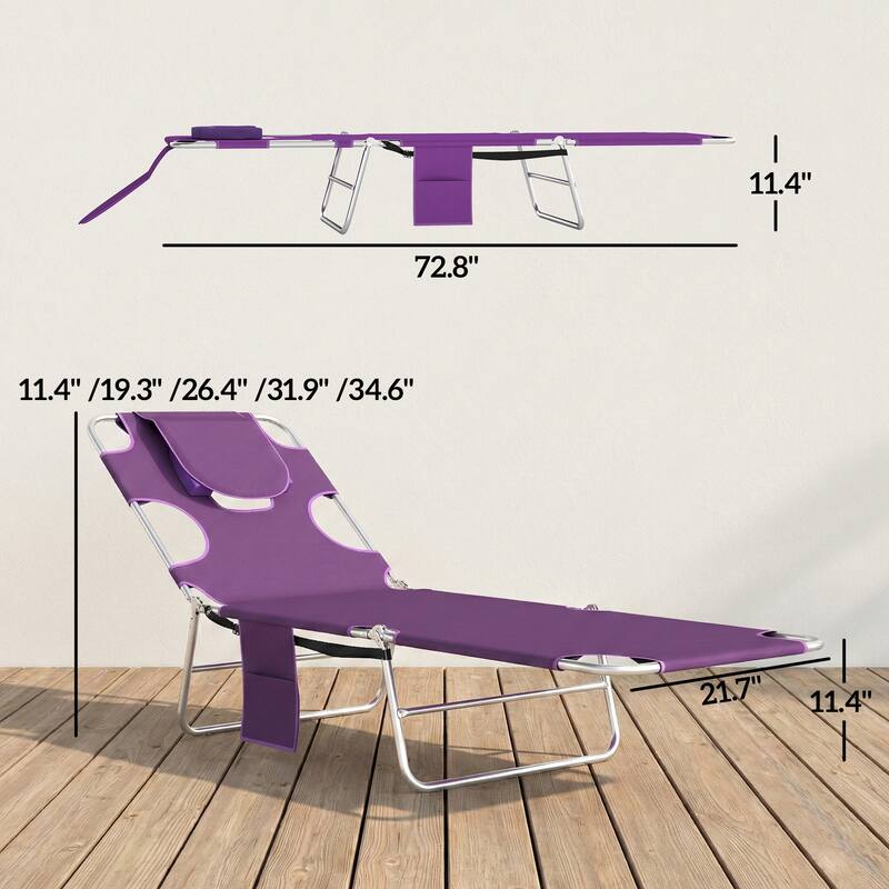Outsunny Folding Beach Lounge Chair with Face Hole and Arm Slots, 5-level Adjustable Sun Lounger Tanning Chair with Pillow