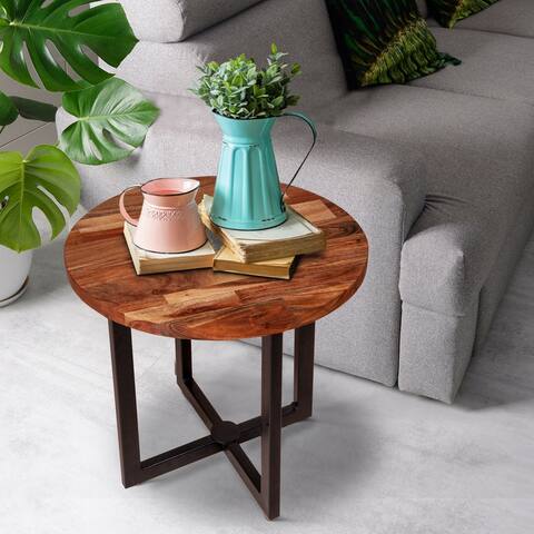 Peter 18 Inch Round End Side Table, Solid Acacia Wood Tabletop, Steel Frame, Brown, Black