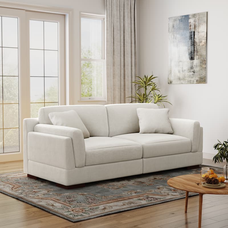 90.2"W Corduroy Upholstered Living Room Sofa - Beige-2Pillows