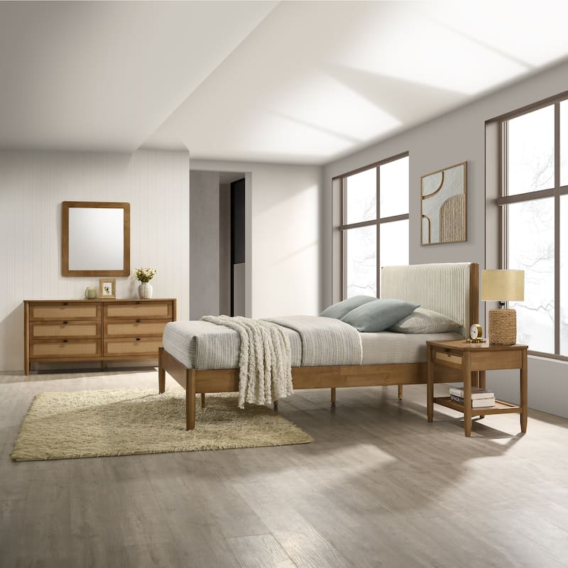 Roundhill Furniture Vichy 5-Piece Rattan Bedroom Set with Upholstered Queen Bed, Chest, Dresser, Mirror, and 2 Nightstands