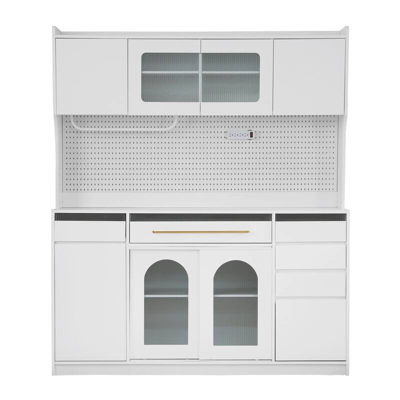 Roomfitters Freestanding 63" Buffet with Hutch and Power Outlet, Coffee Bar Storage Cabinet
