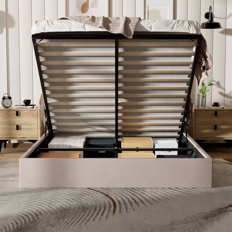 Plywood Frame Upholstered Platform Bed with Lift-up Storage