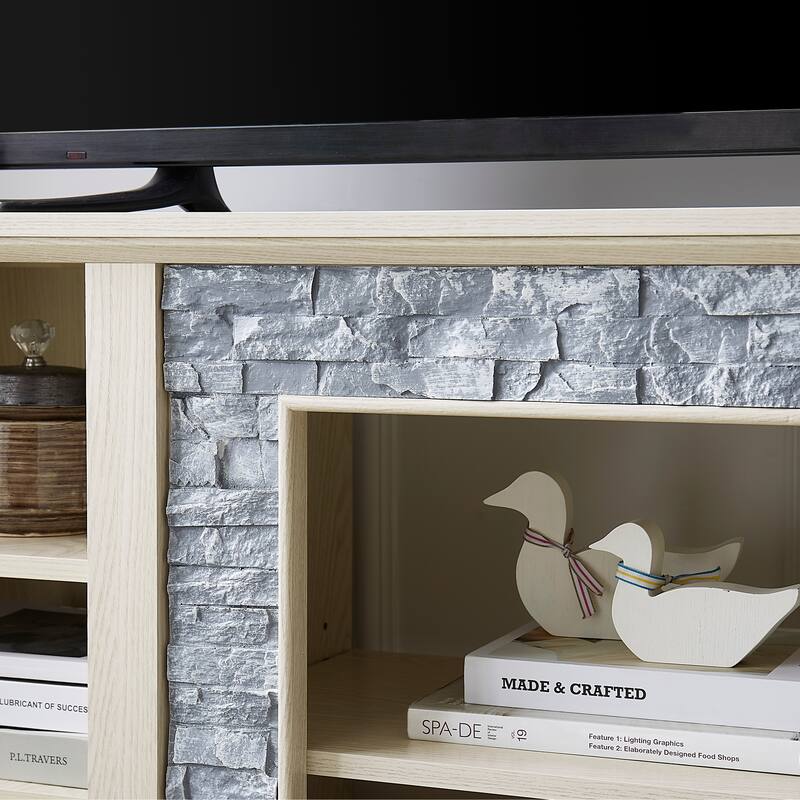 Mantel Stone 58" TV Stand with Faux Stacked Stone Surround, Modern Media Console with Open Storage & Cable Management