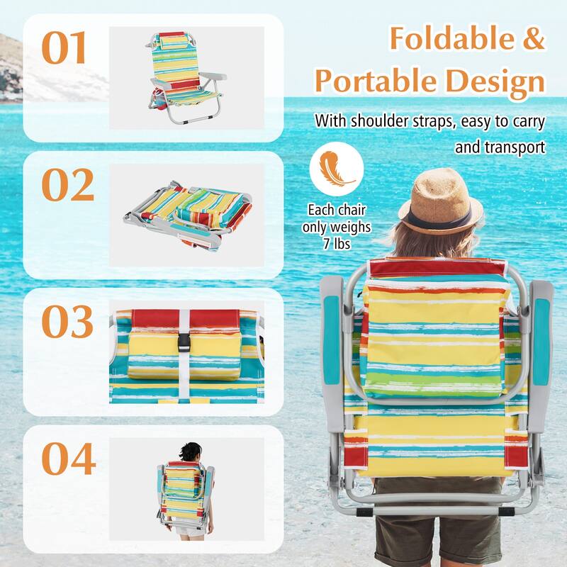Oxford Fabric Folding Beach Chair with Adjustable Backrest, Headrest and Storage - 26" L x 25.5" W x 31" H