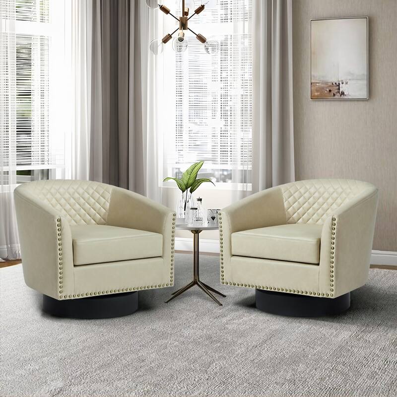 2 Set Tufted PU Vegan Leather Swivel Barrel Chair with Nailheads Trim - Beige