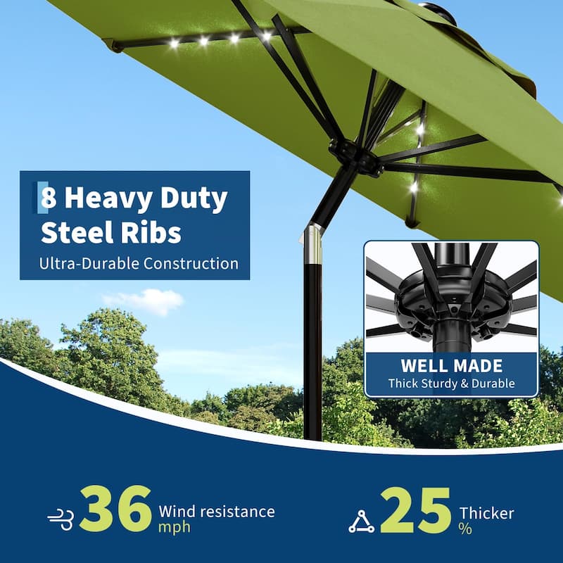 9 ft Patio Umbrella, 8 Sturdy Ribs, with Lights
