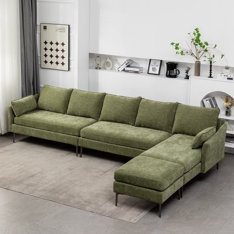 EROMMY U Shaped 6-seat Sectional Sofa Couch, Reversible Sleeper in Modern Chenille Design, with Chaise Lounge and Ottoman - Green - Right Facing