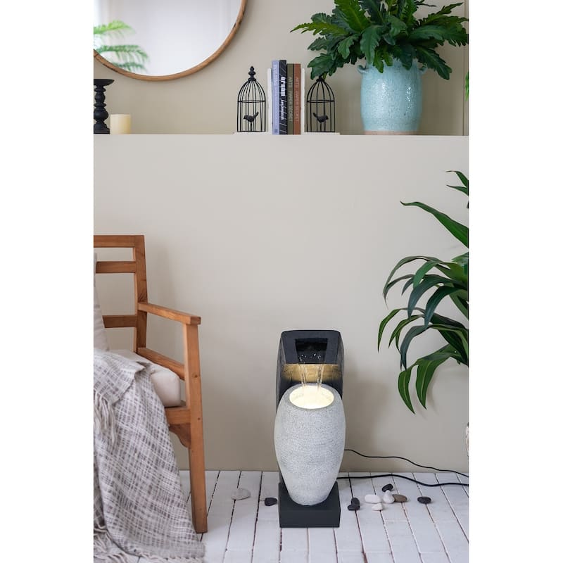 10x8.1x23.4" Black and White Water Fountain with Vase Design, with Light and Pump, for Indoor and Outdoor